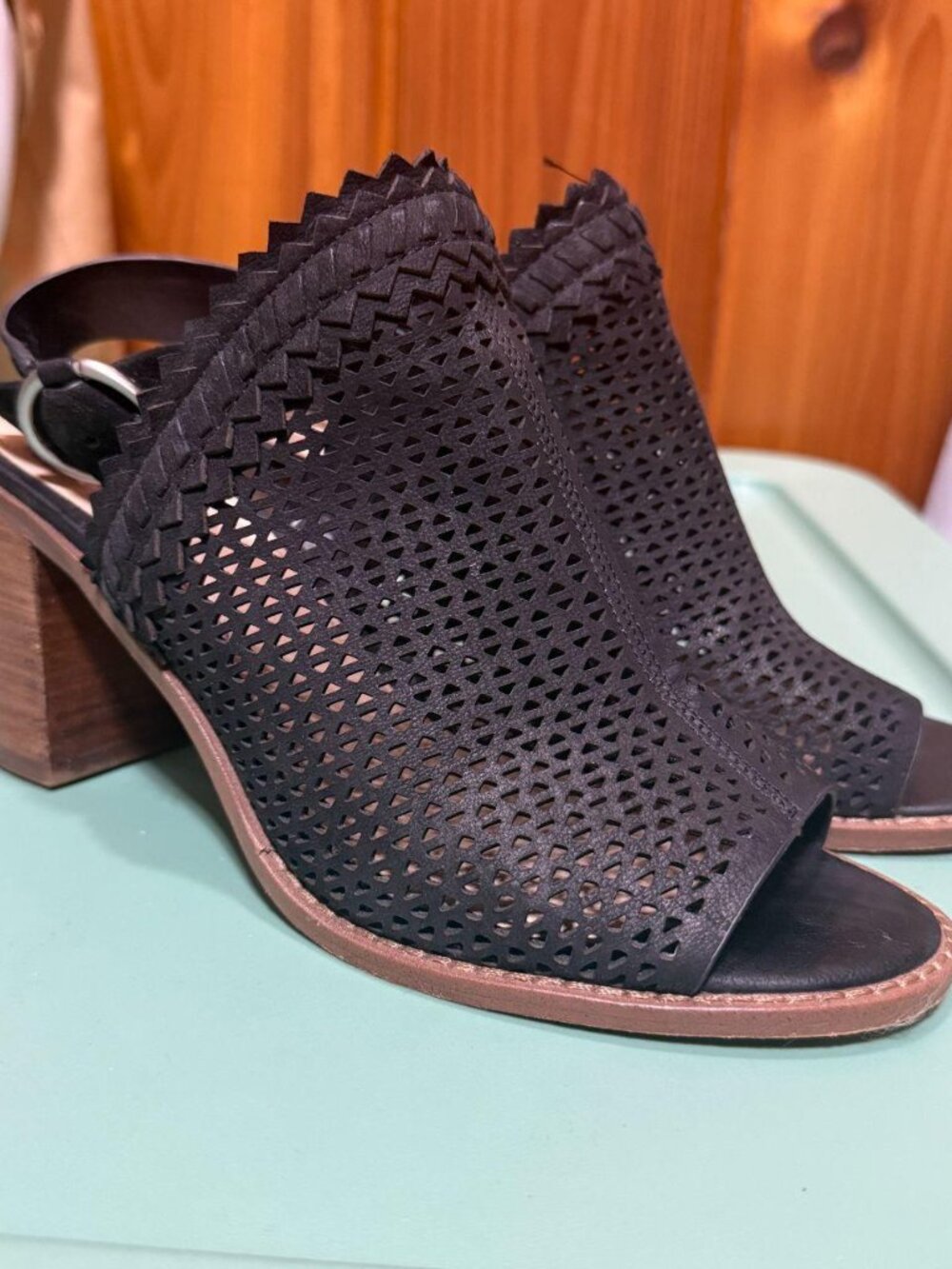 Vince Camuto Black Laser Cut Peep Toe Block Heel Booties